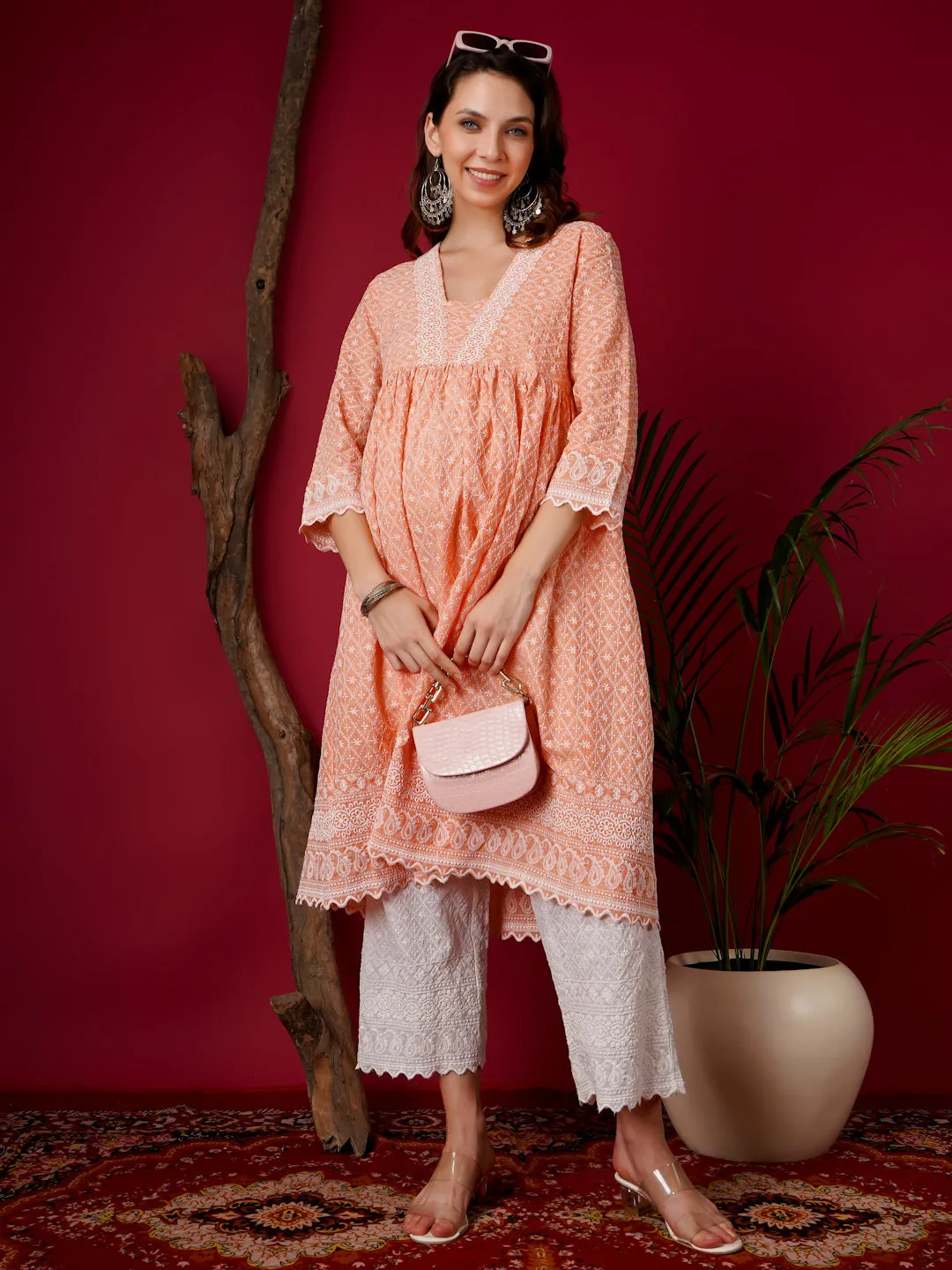 MIMI - ORANGE AND WHITE FLORAL EMBROI KURTA MATERNITY CO-ORDS SET