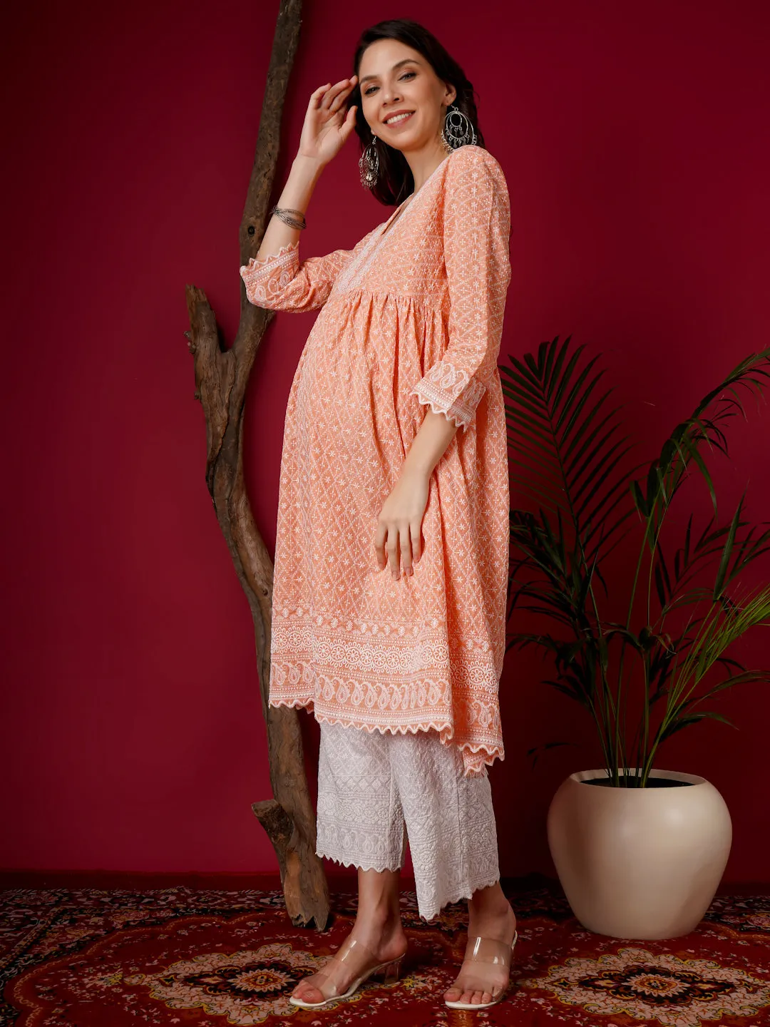 MIMI - ORANGE AND WHITE FLORAL EMBROI KURTA MATERNITY CO-ORDS SET