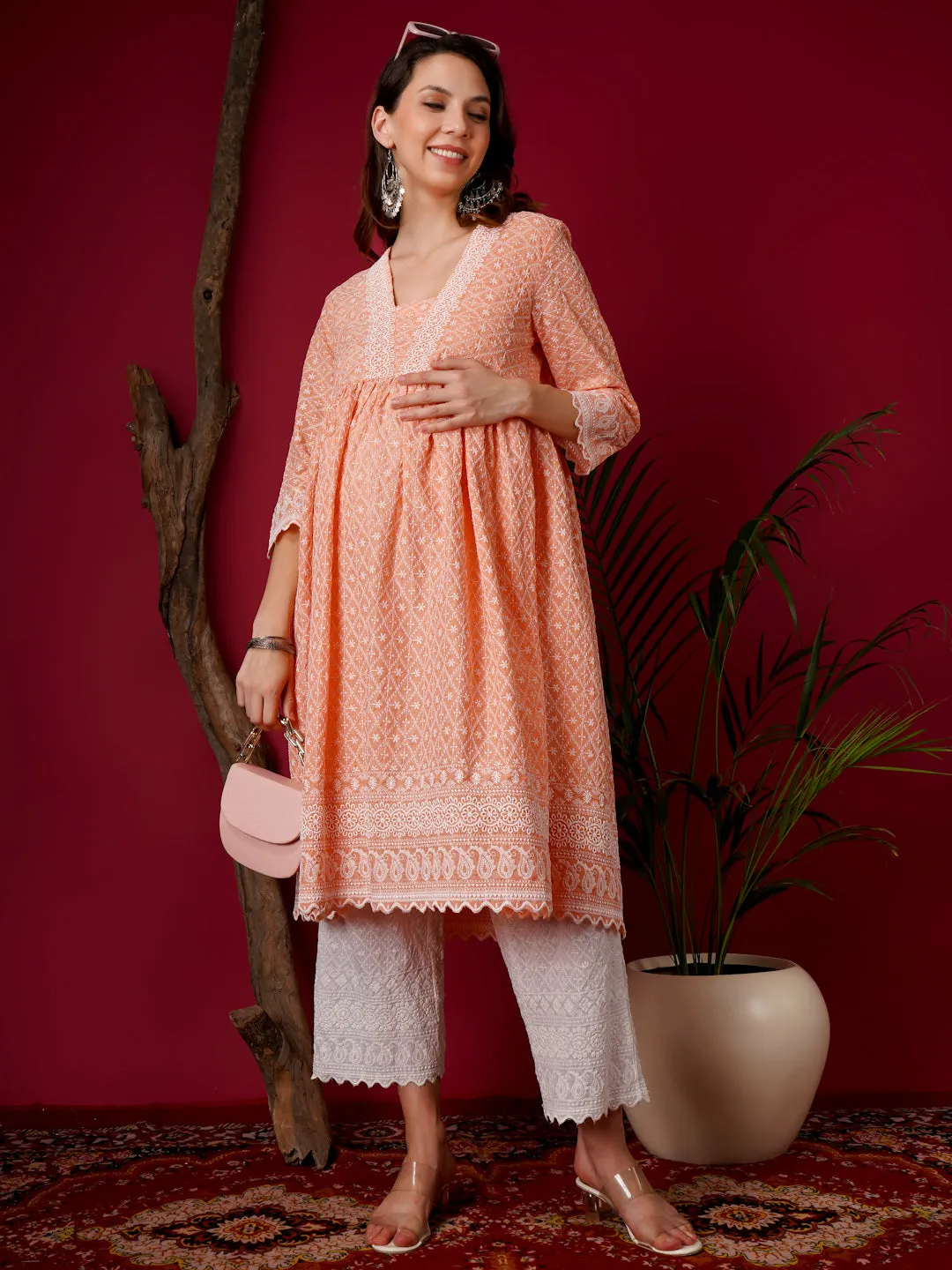 MIMI - ORANGE AND WHITE FLORAL EMBROI KURTA MATERNITY CO-ORDS SET