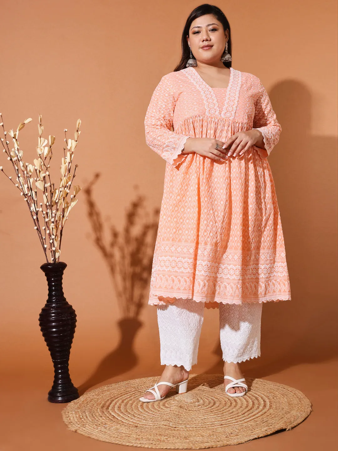 MIMI - ORANGE AND WHITE THREAD WORK KURTA PLUS CO-ORDS SET