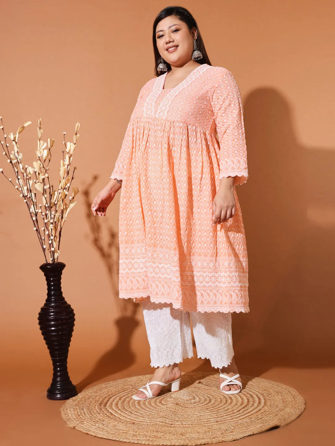 MIMI - ORANGE AND WHITE THREAD WORK KURTA PLUS CO-ORDS SET