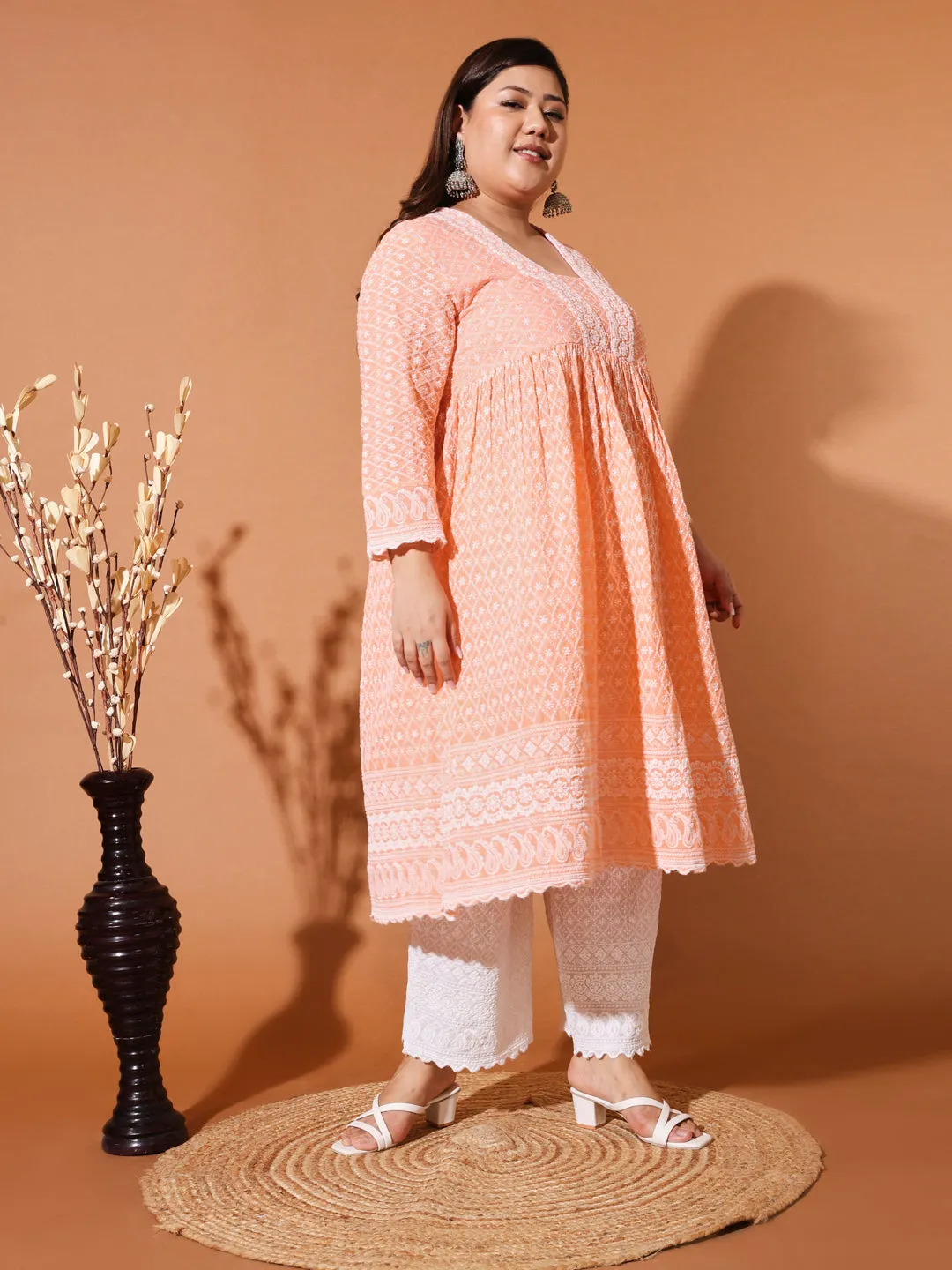 MIMI - ORANGE AND WHITE THREAD WORK KURTA PLUS CO-ORDS SET