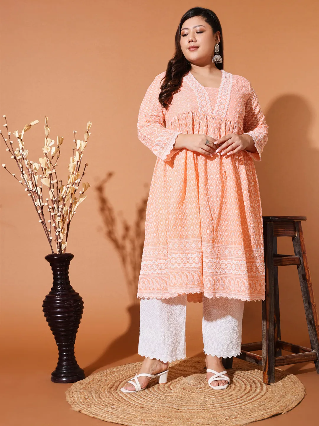 MIMI - ORANGE AND WHITE THREAD WORK KURTA PLUS CO-ORDS SET