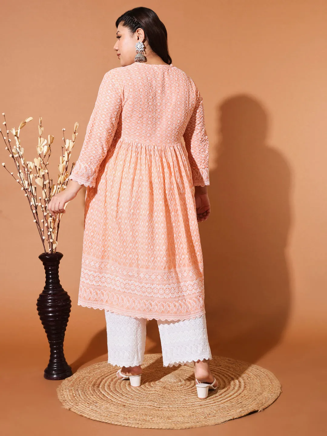 MIMI - ORANGE AND WHITE THREAD WORK KURTA PLUS CO-ORDS SET