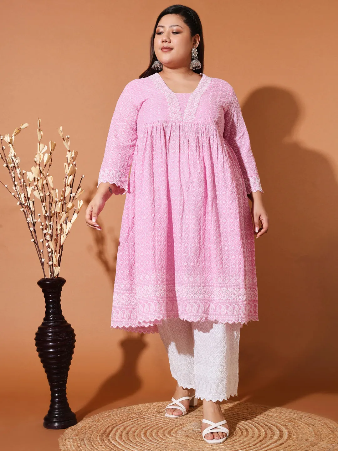 MIMI - PINK AND WHITE THREAD WORK KURTA PLUS CO-ORDS SET