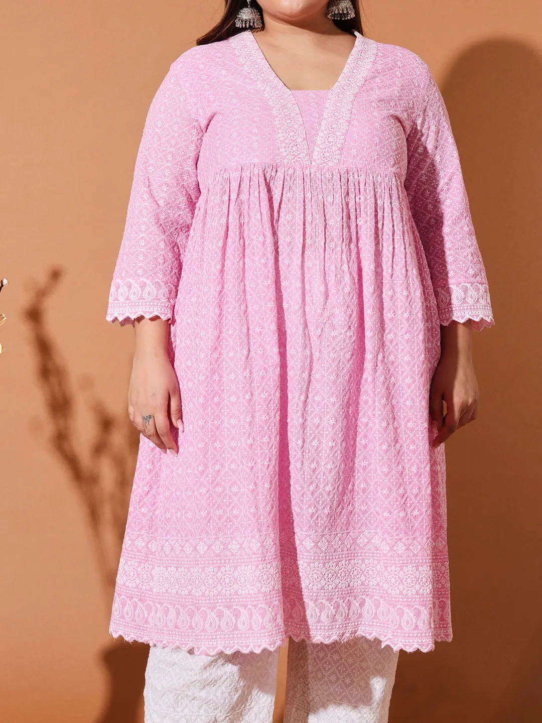 MIMI - PINK AND WHITE THREAD WORK KURTA PLUS CO-ORDS SET