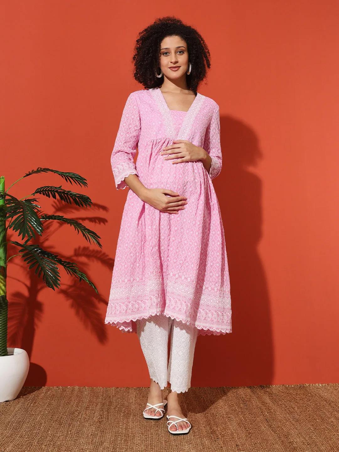 MIMI - PINK FLORAL EMBROI KURTA MATERNITY CO-ORDS SET