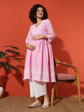 MIMI - PINK FLORAL EMBROI KURTA MATERNITY CO-ORDS SET