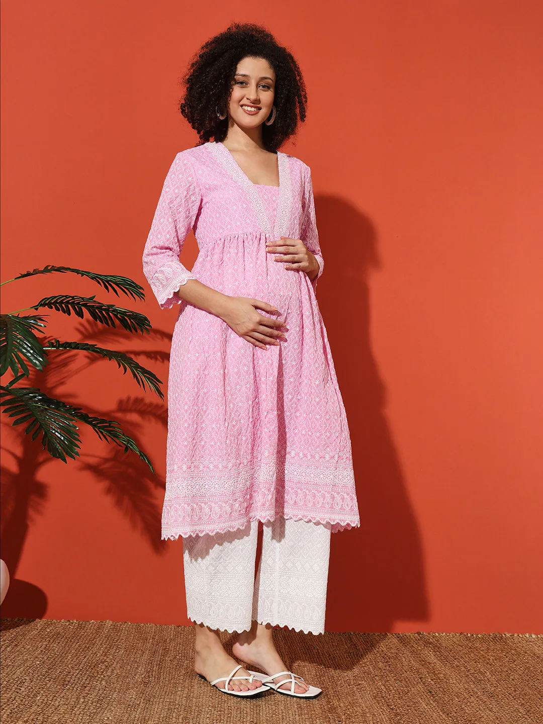 MIMI - PINK FLORAL EMBROI KURTA MATERNITY CO-ORDS SET