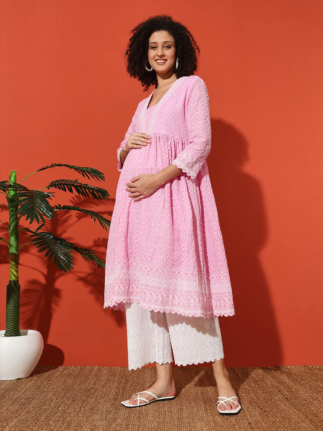 MIMI - PINK FLORAL EMBROI KURTA MATERNITY CO-ORDS SET