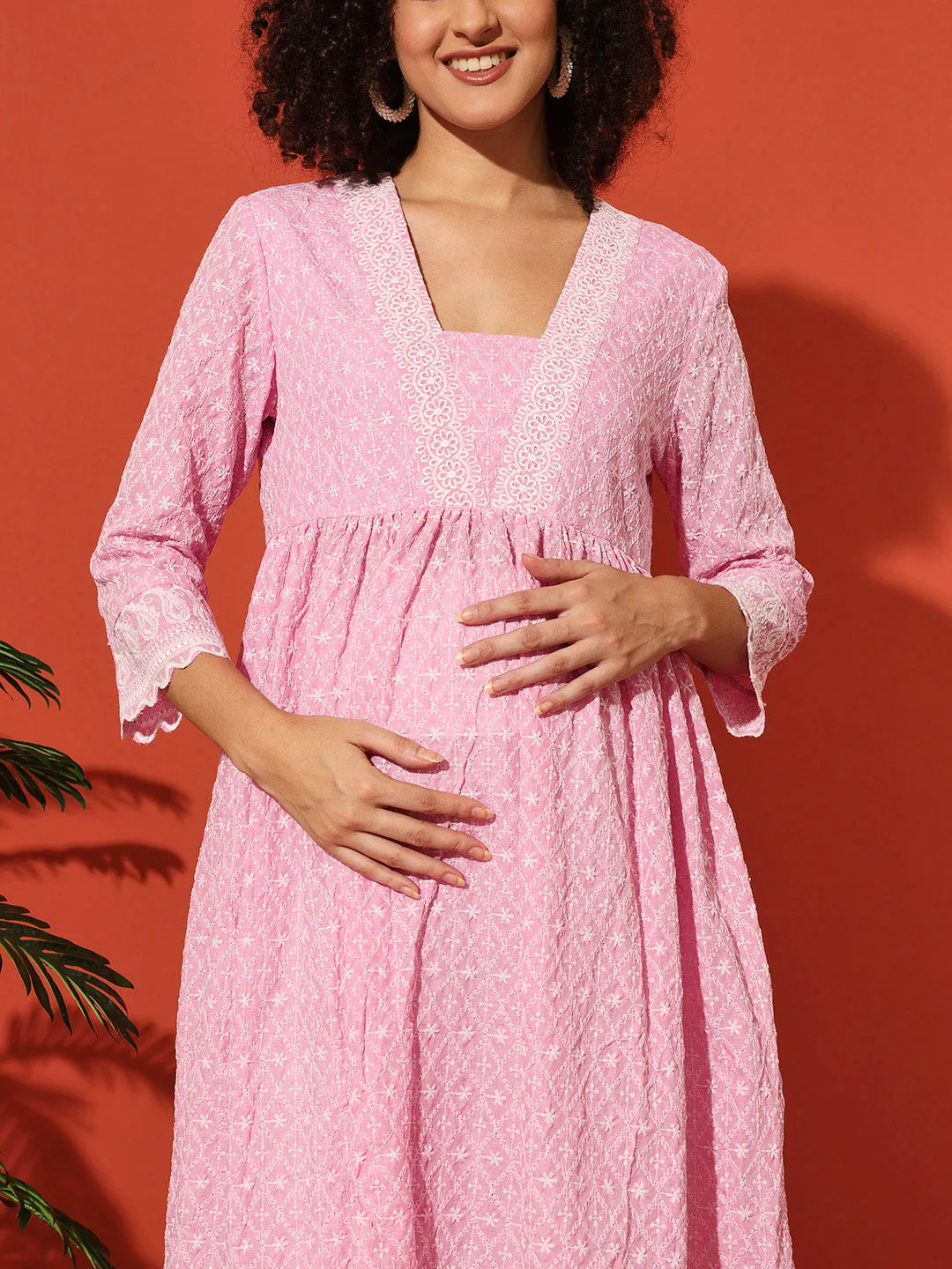 MIMI - PINK FLORAL EMBROI KURTA MATERNITY CO-ORDS SET