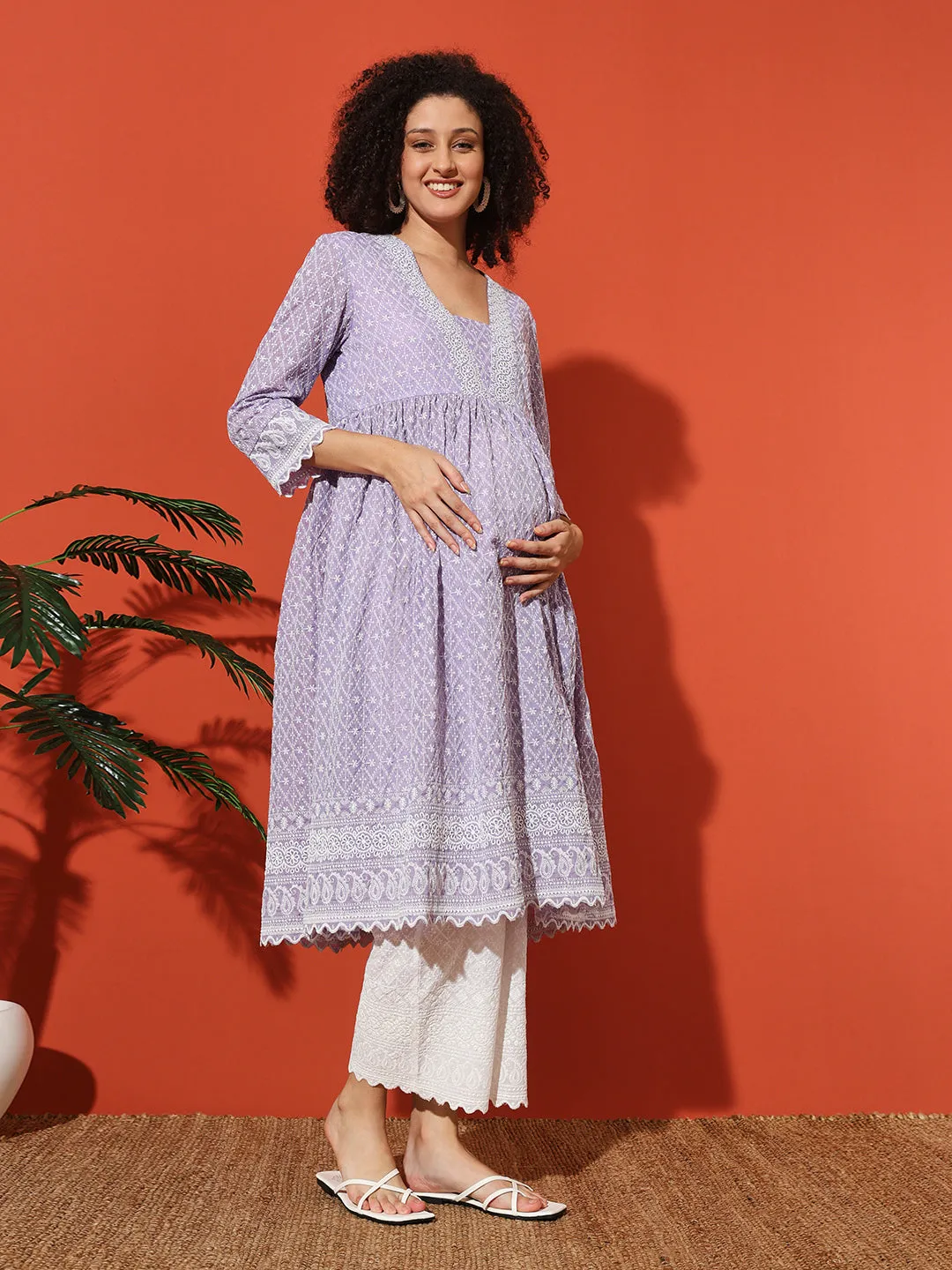 MIMI - PURPLE AND FLORAL EMBROI KURTA MATERNITY CO-ORDS SET