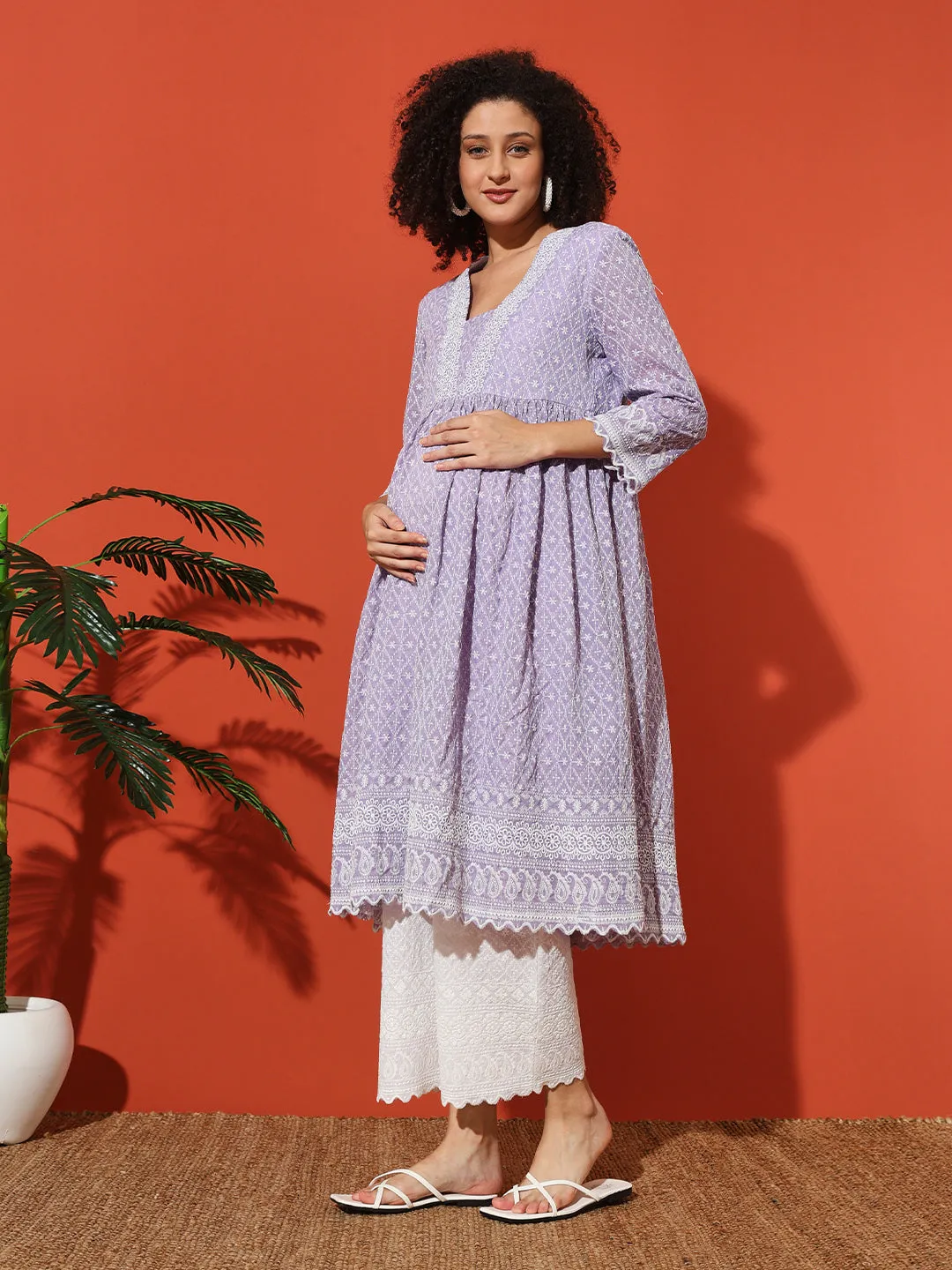 MIMI - PURPLE AND FLORAL EMBROI KURTA MATERNITY CO-ORDS SET