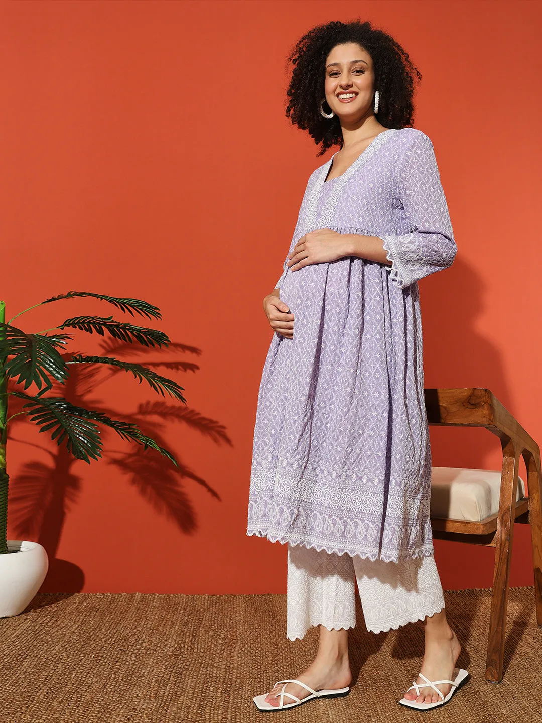 MIMI - PURPLE AND FLORAL EMBROI KURTA MATERNITY CO-ORDS SET