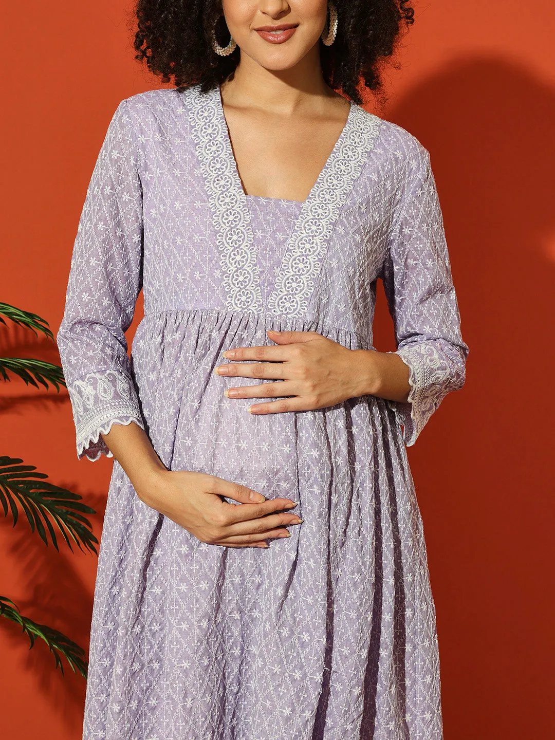 MIMI - PURPLE AND FLORAL EMBROI KURTA MATERNITY CO-ORDS SET