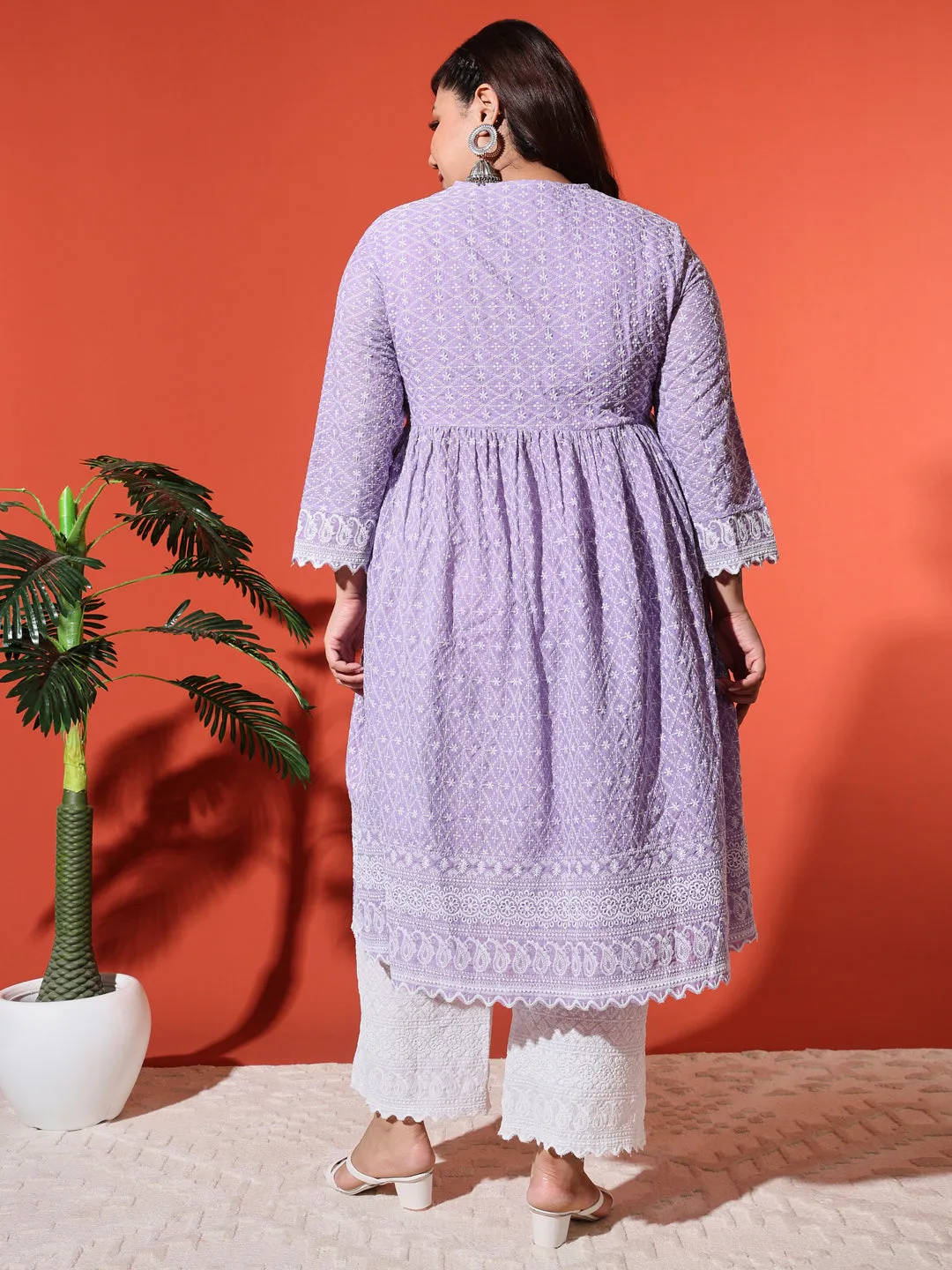 MIMI - PURPLE AND WHITE THREAD WORK KURTA PLUS CO-ORDS SET