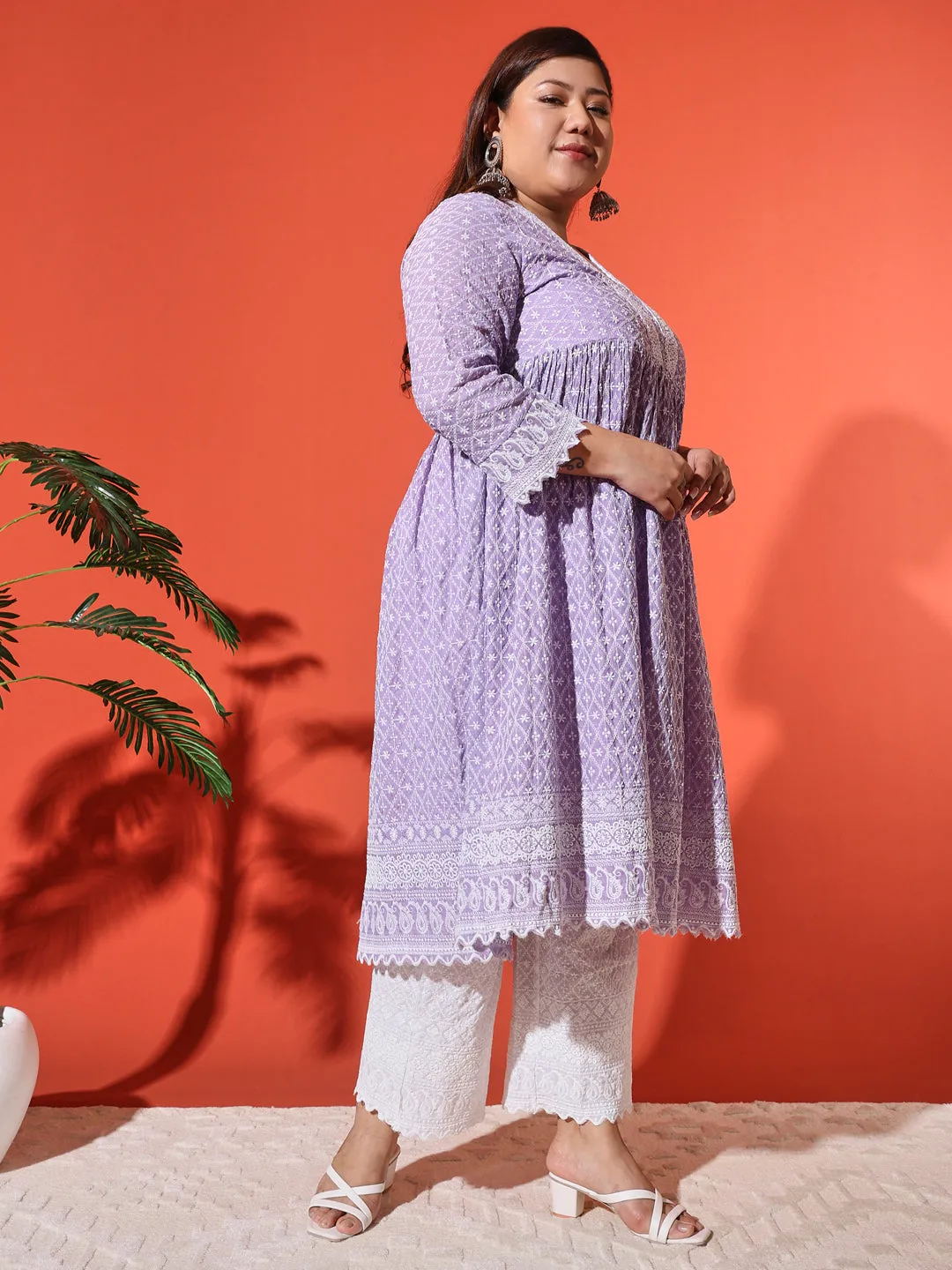 MIMI - PURPLE AND WHITE THREAD WORK KURTA PLUS CO-ORDS SET