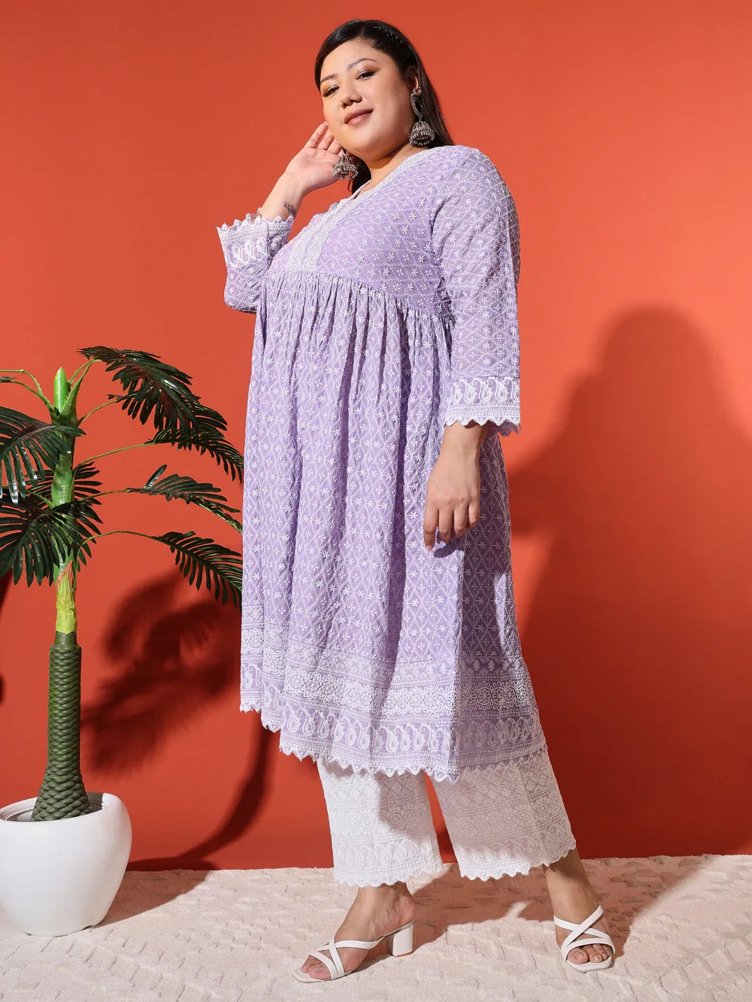 MIMI - PURPLE AND WHITE THREAD WORK KURTA PLUS CO-ORDS SET