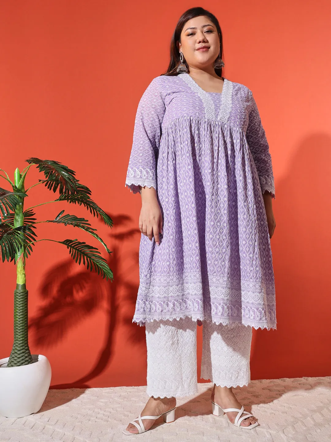 MIMI - PURPLE AND WHITE THREAD WORK KURTA PLUS CO-ORDS SET