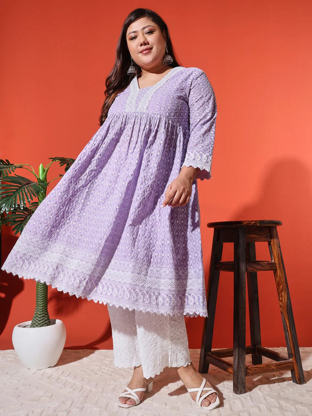 MIMI - PURPLE AND WHITE THREAD WORK KURTA PLUS CO-ORDS SET