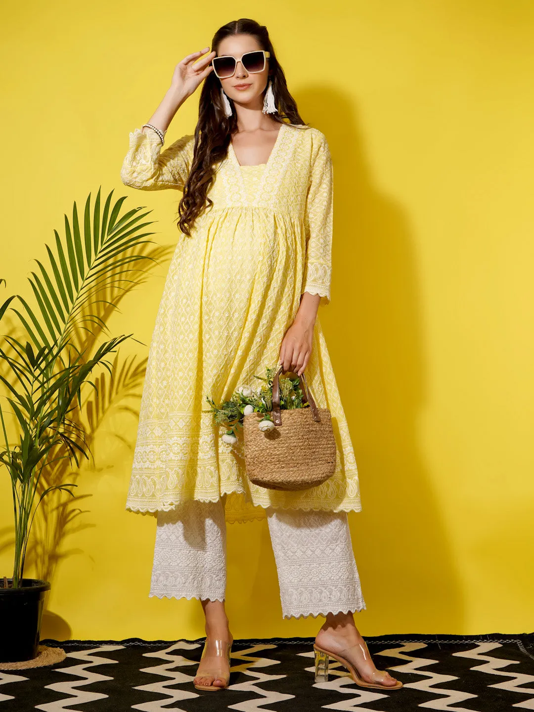 MIMI - YELLOW FLORAL EMBROI THREAD WORK MATERNITY KURTA SET