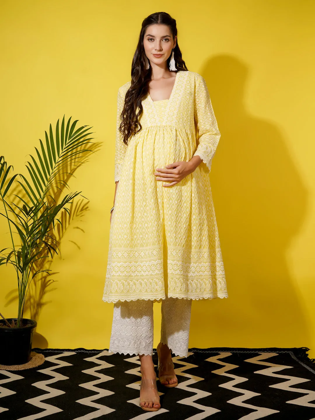 MIMI - YELLOW FLORAL EMBROI THREAD WORK MATERNITY KURTA SET