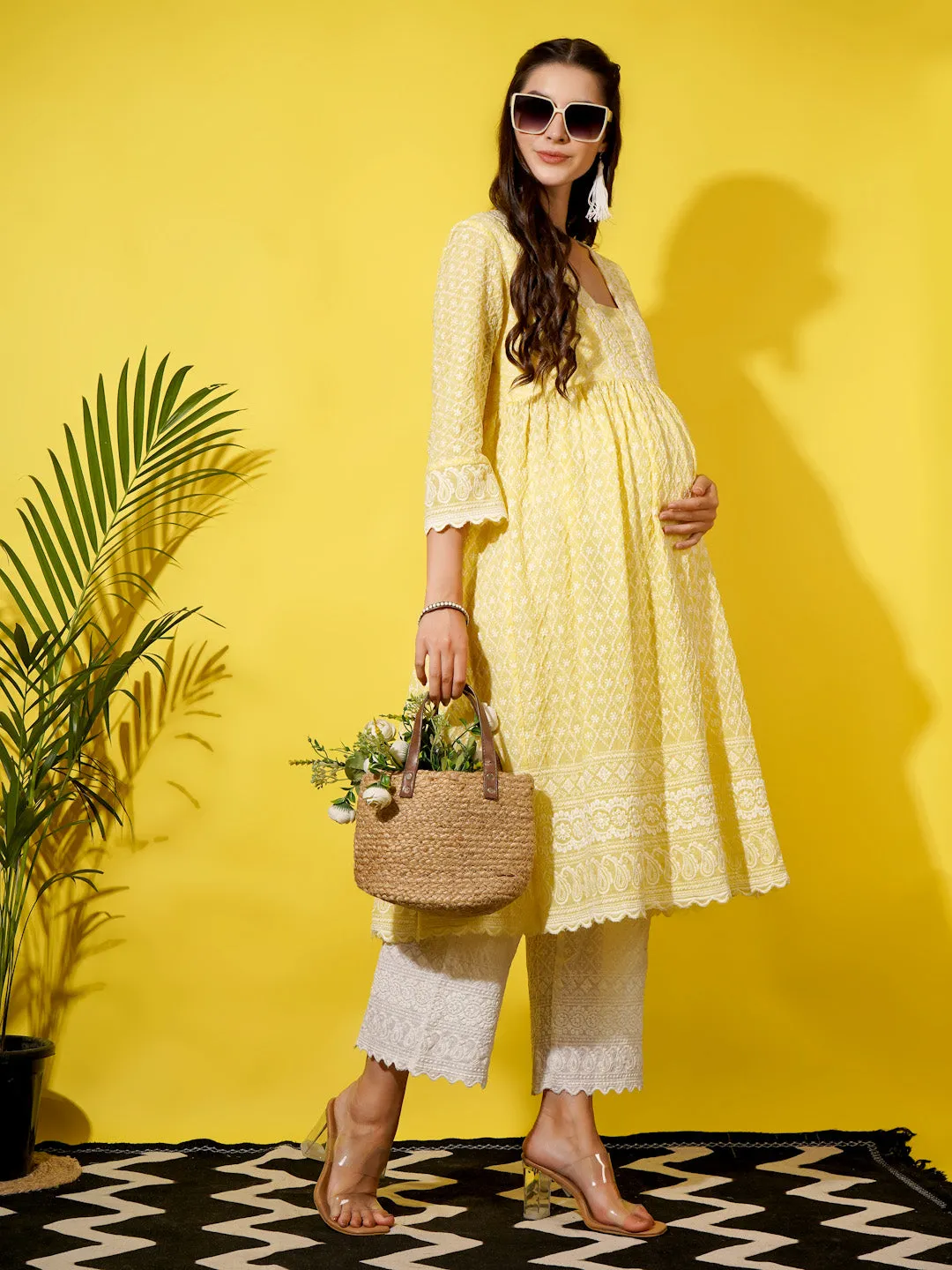 MIMI - YELLOW FLORAL EMBROI THREAD WORK MATERNITY KURTA SET