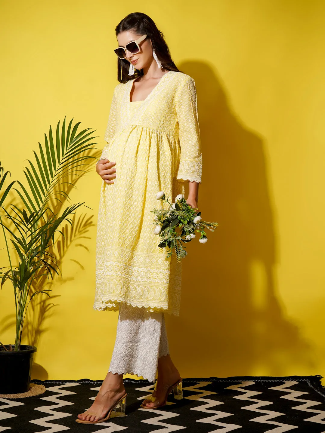 MIMI - YELLOW FLORAL EMBROI THREAD WORK MATERNITY KURTA SET