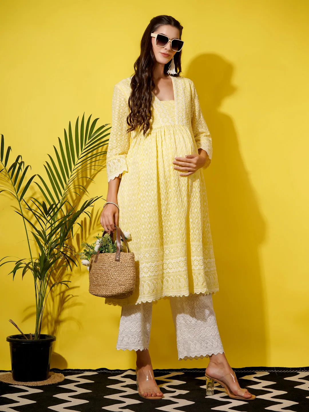 MIMI - YELLOW FLORAL EMBROI THREAD WORK MATERNITY KURTA SET