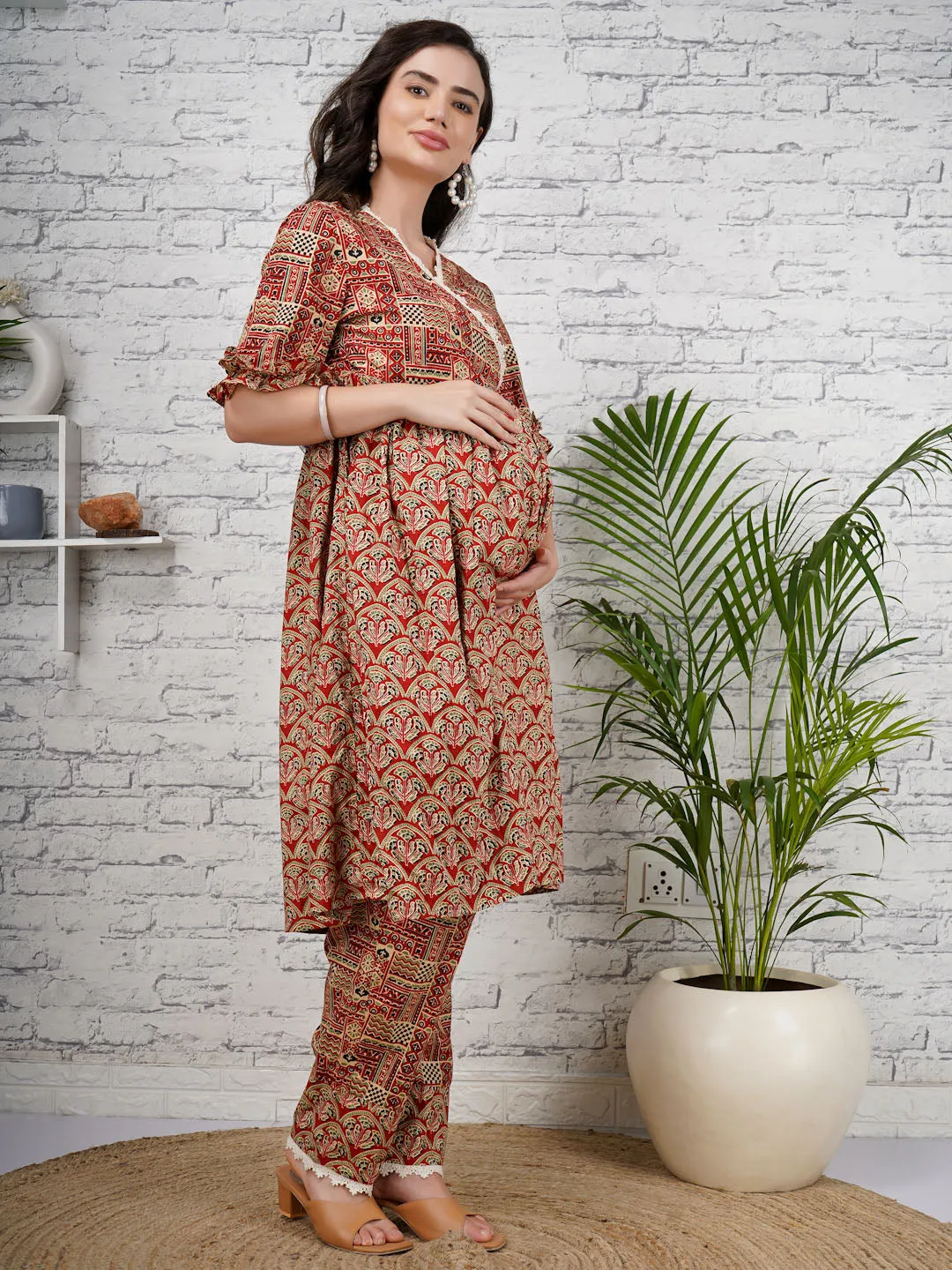 MISTY - RED PRINTED PRINTED ANGRAKHA AND MATCHING TROUSER MATERNITY CO-ORDS SET