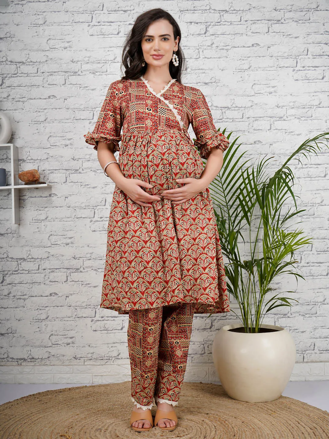 MISTY - RED PRINTED PRINTED ANGRAKHA AND MATCHING TROUSER MATERNITY CO-ORDS SET