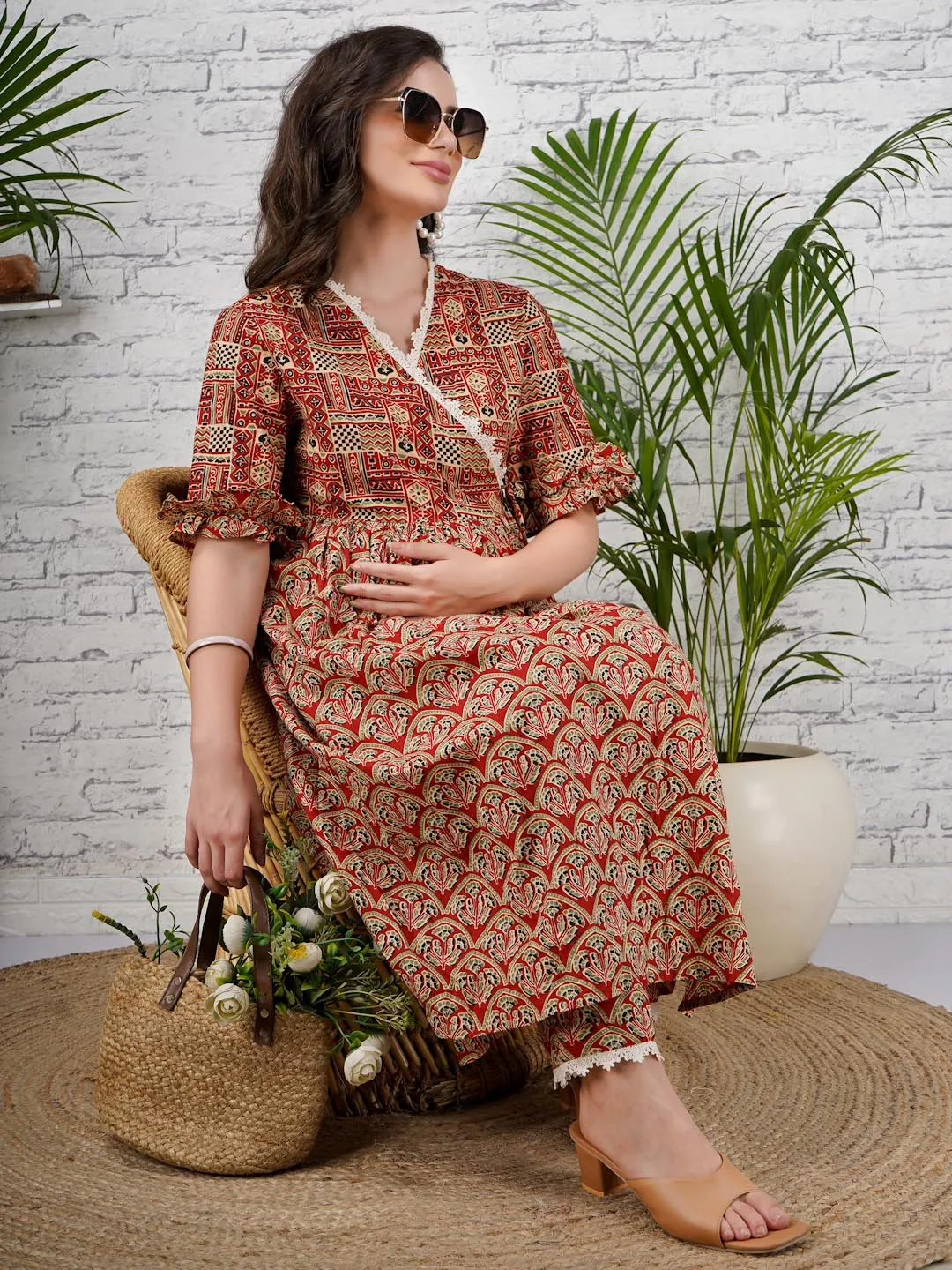 MISTY - RED PRINTED PRINTED ANGRAKHA AND MATCHING TROUSER MATERNITY CO-ORDS SET