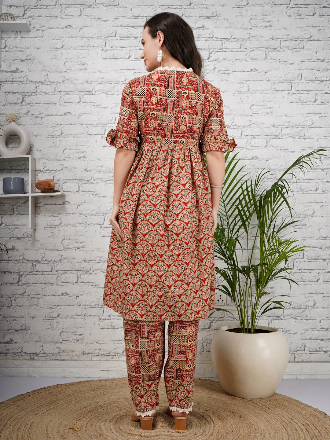 MISTY - RED PRINTED PRINTED ANGRAKHA AND MATCHING TROUSER MATERNITY CO-ORDS SET