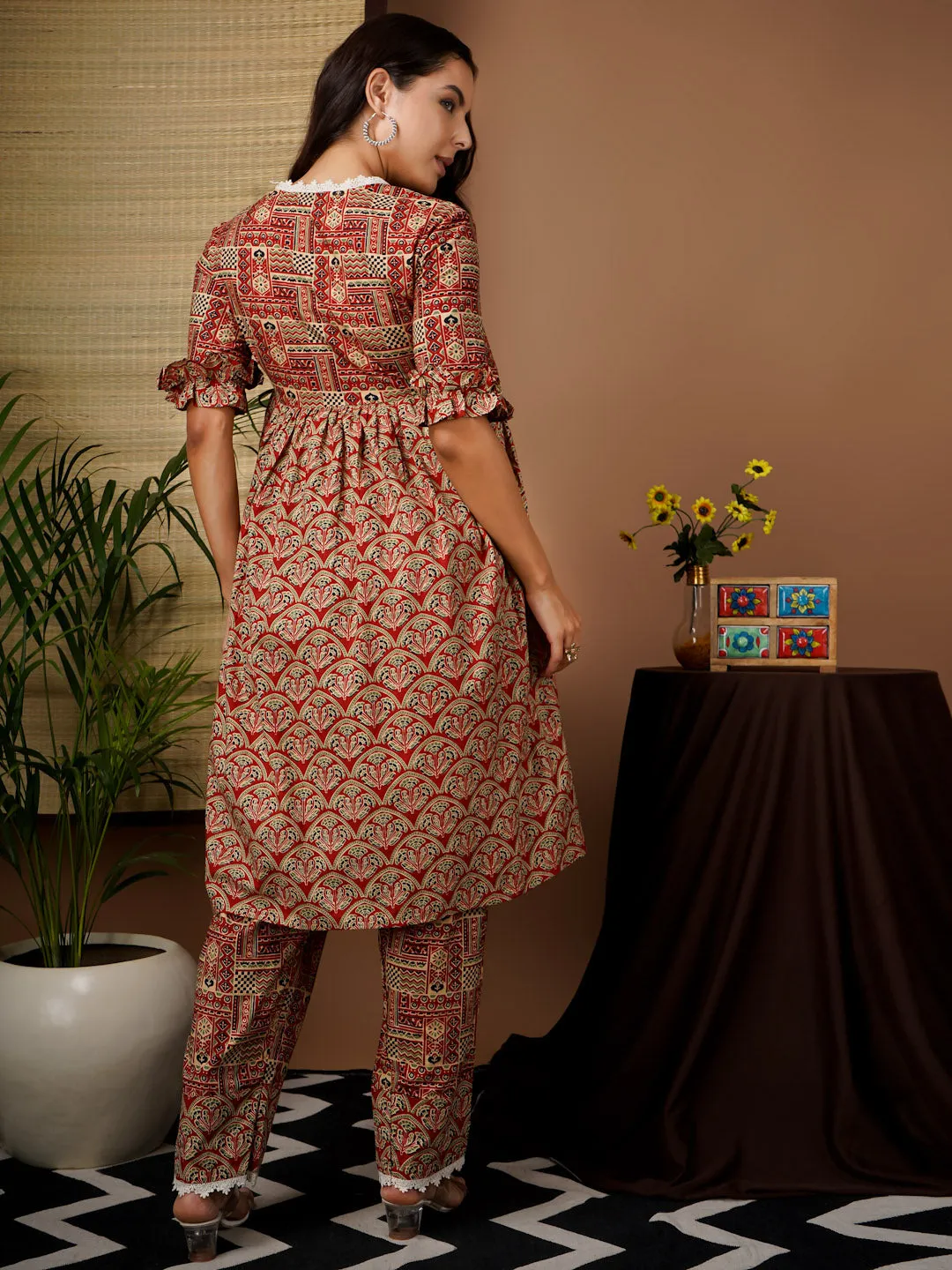 MISTY - RED PRINTED PRINTED ANGRAKHA AND MATCHING TROUSER MATERNITY CO-ORDS SET