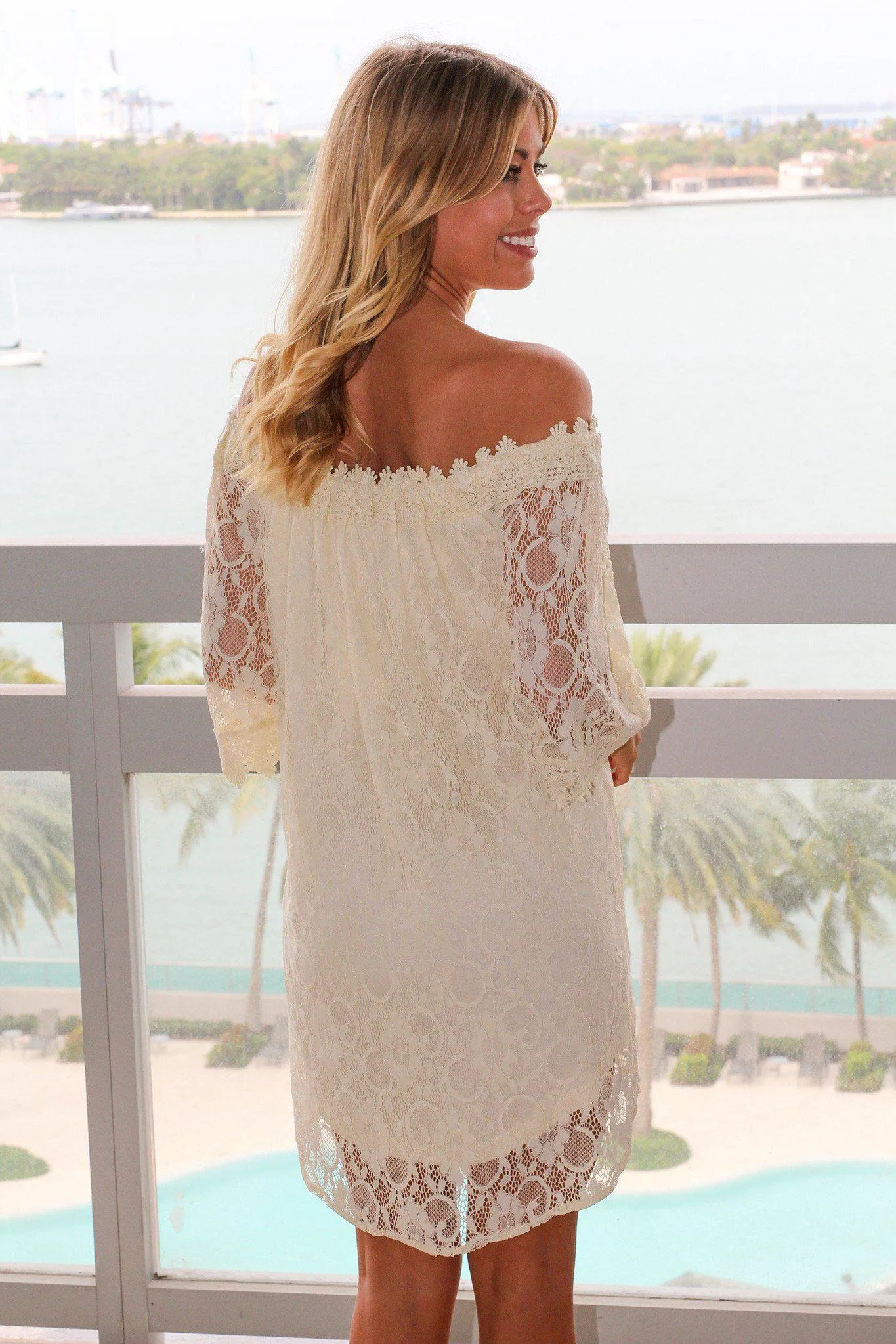 Natural Crochet Off Shoulder Short Dress