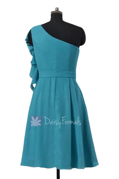 One shoulder Cocktail Bridesmaid Dress Cyan Bridal Party Dress w/Cascade Ruffles(BM261)