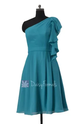 One shoulder Cocktail Bridesmaid Dress Cyan Bridal Party Dress w/Cascade Ruffles(BM261)