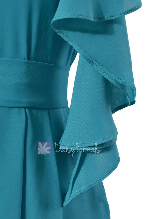 One shoulder Cocktail Bridesmaid Dress Cyan Bridal Party Dress w/Cascade Ruffles(BM261)