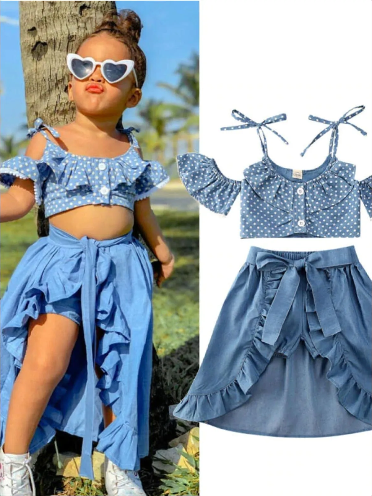 Out In The Sun Chambray Skirt Overlay Shorts Set