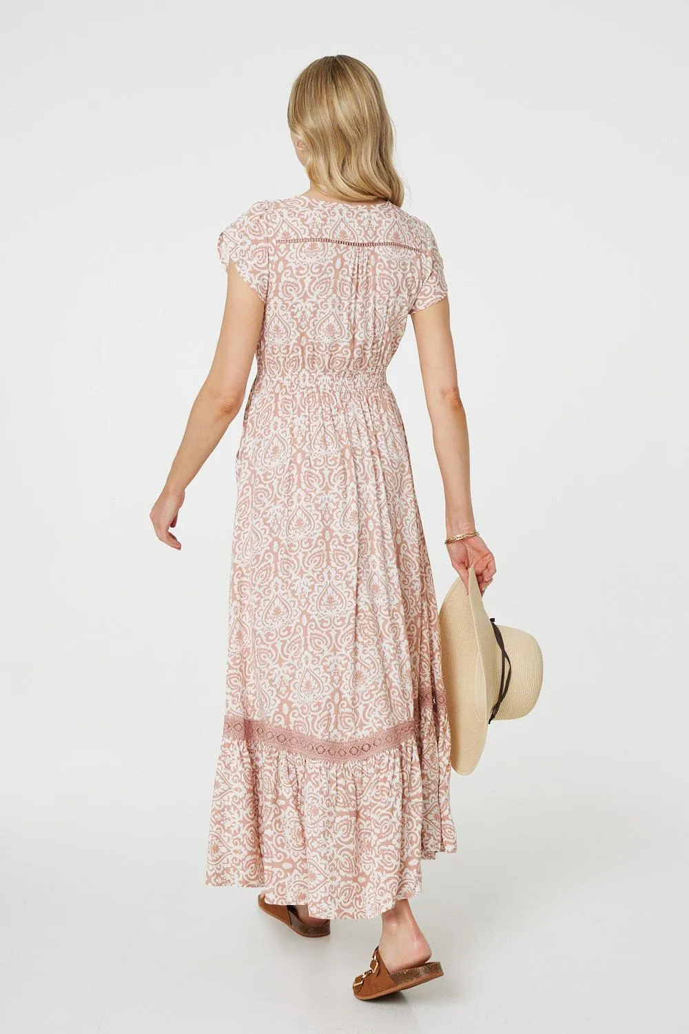 Paisley Print Lace Trim Maxi Dress