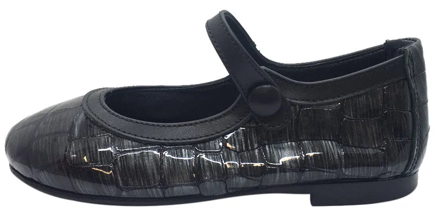 Papanatas by Eli Girl's Patent Leather Charcoal Grey Design Mary Janes Button Flats