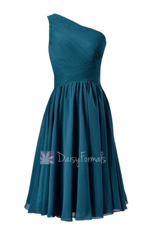 Peacock Teal One-Shoulder Knee Length Bridal Party Formal Dress(BM351)