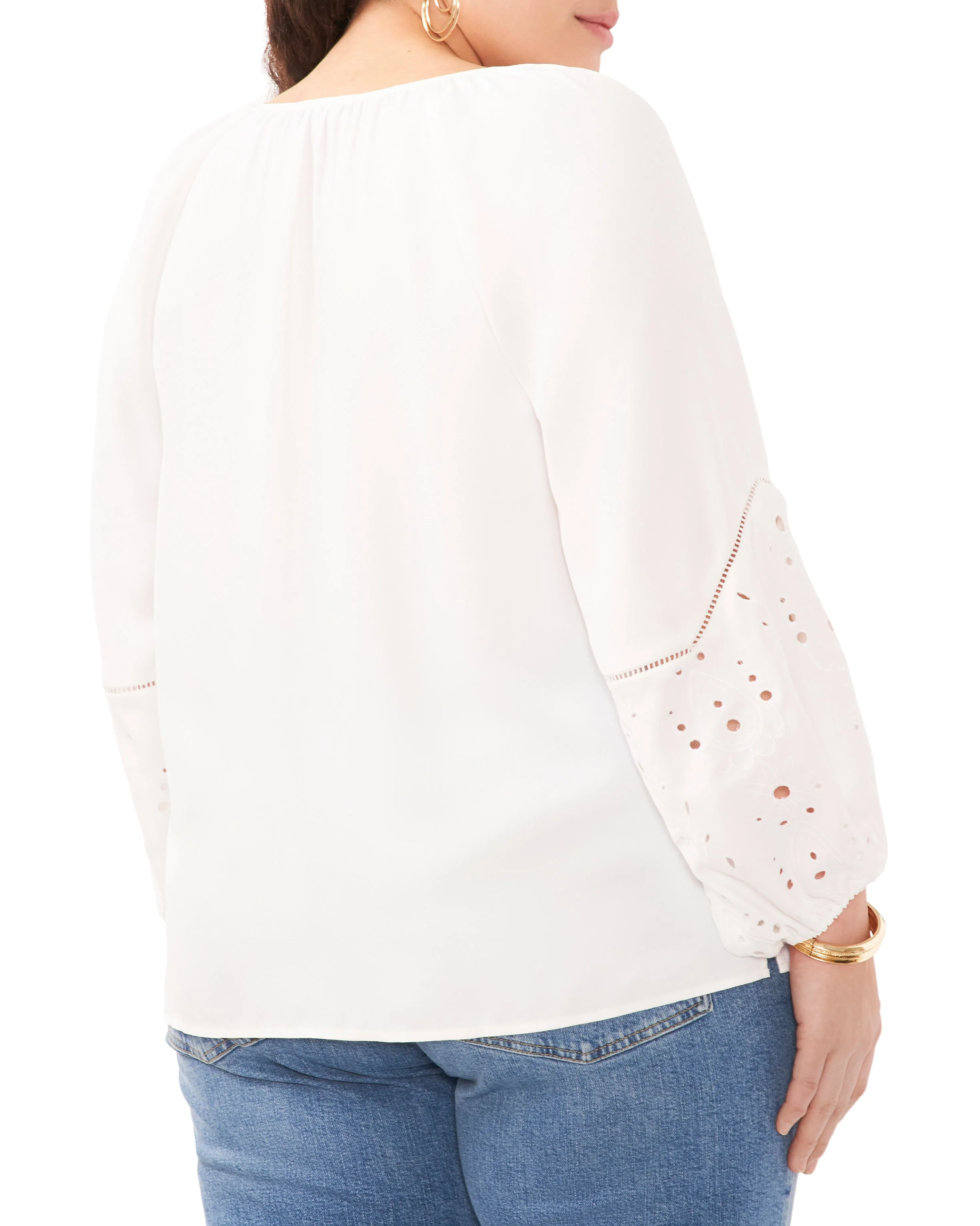 Plus-Size Embroidered-Sleeve Split Neck Blouse