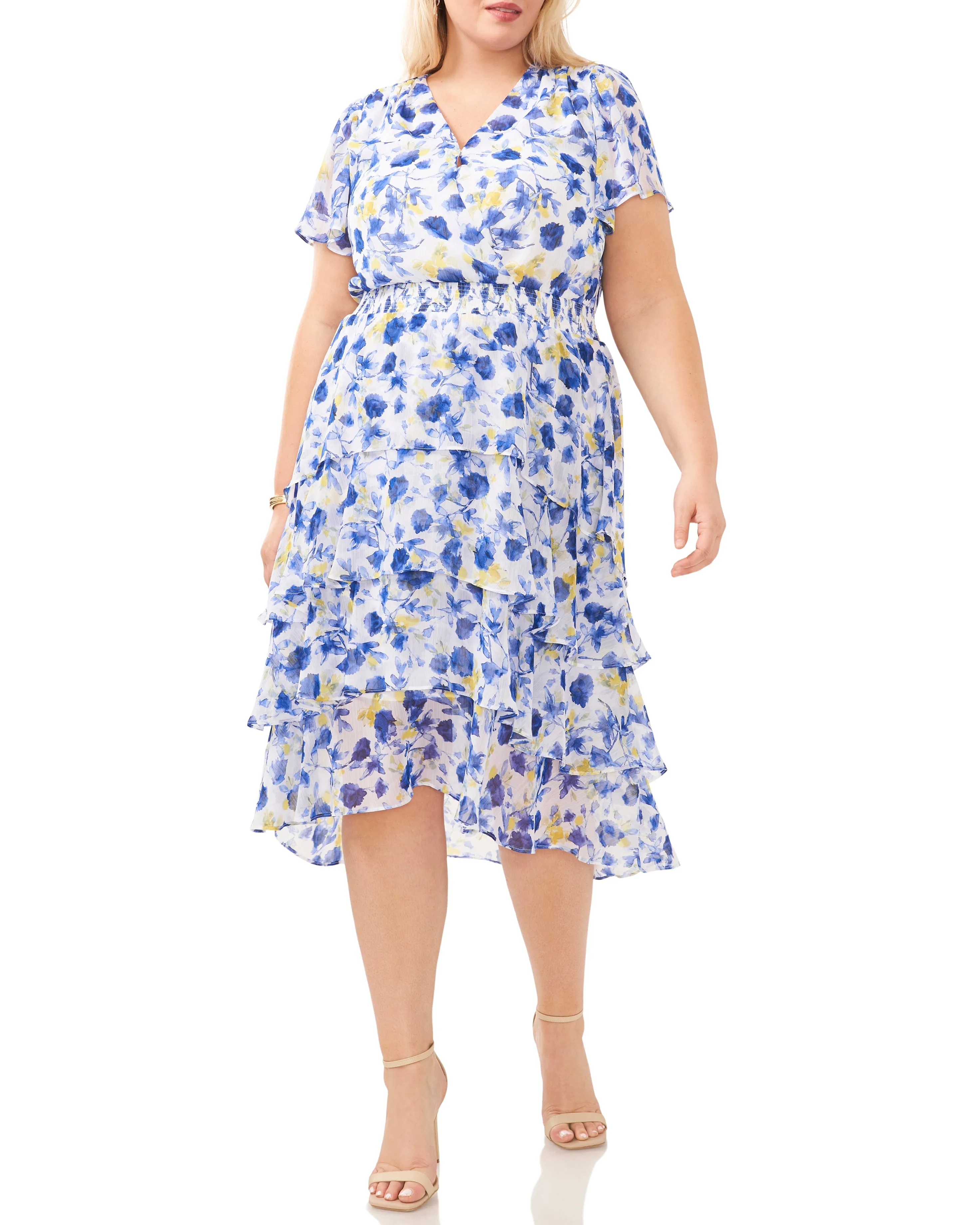 Plus-Size Floral Print Tiered V-Neck Dress