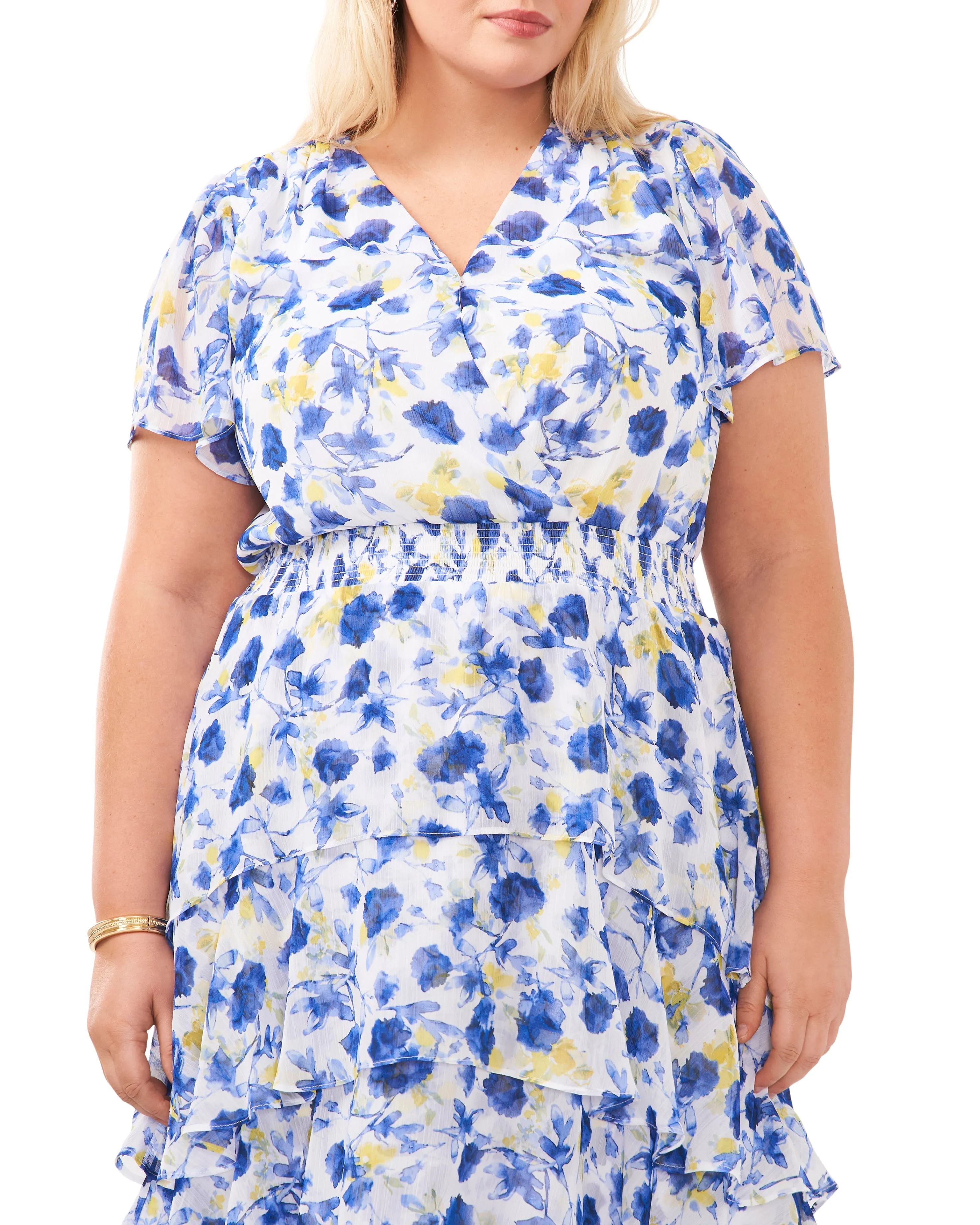 Plus-Size Floral Print Tiered V-Neck Dress