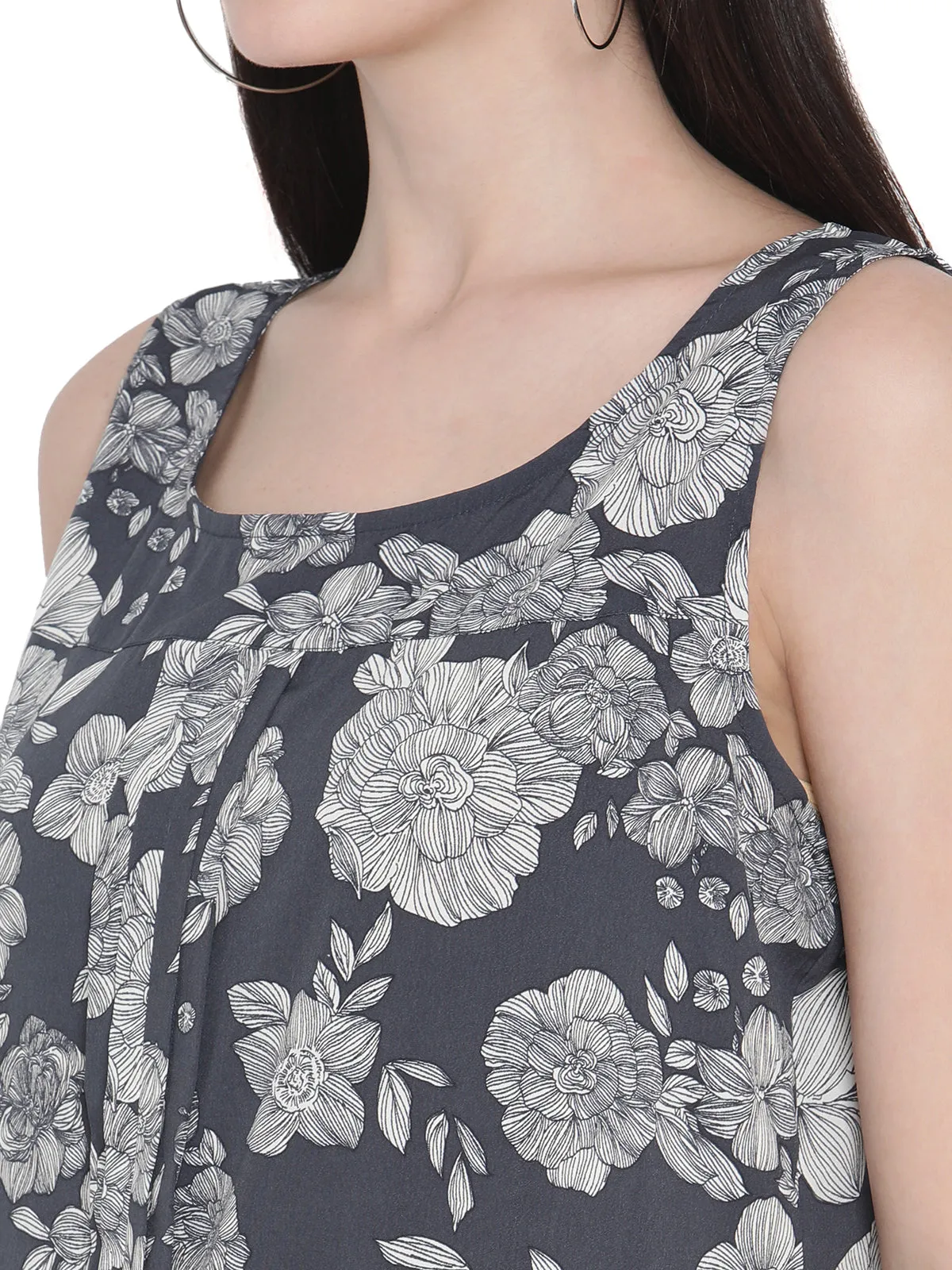 Porsorte Womens Grey Off White Floral Print Sleeveless Top