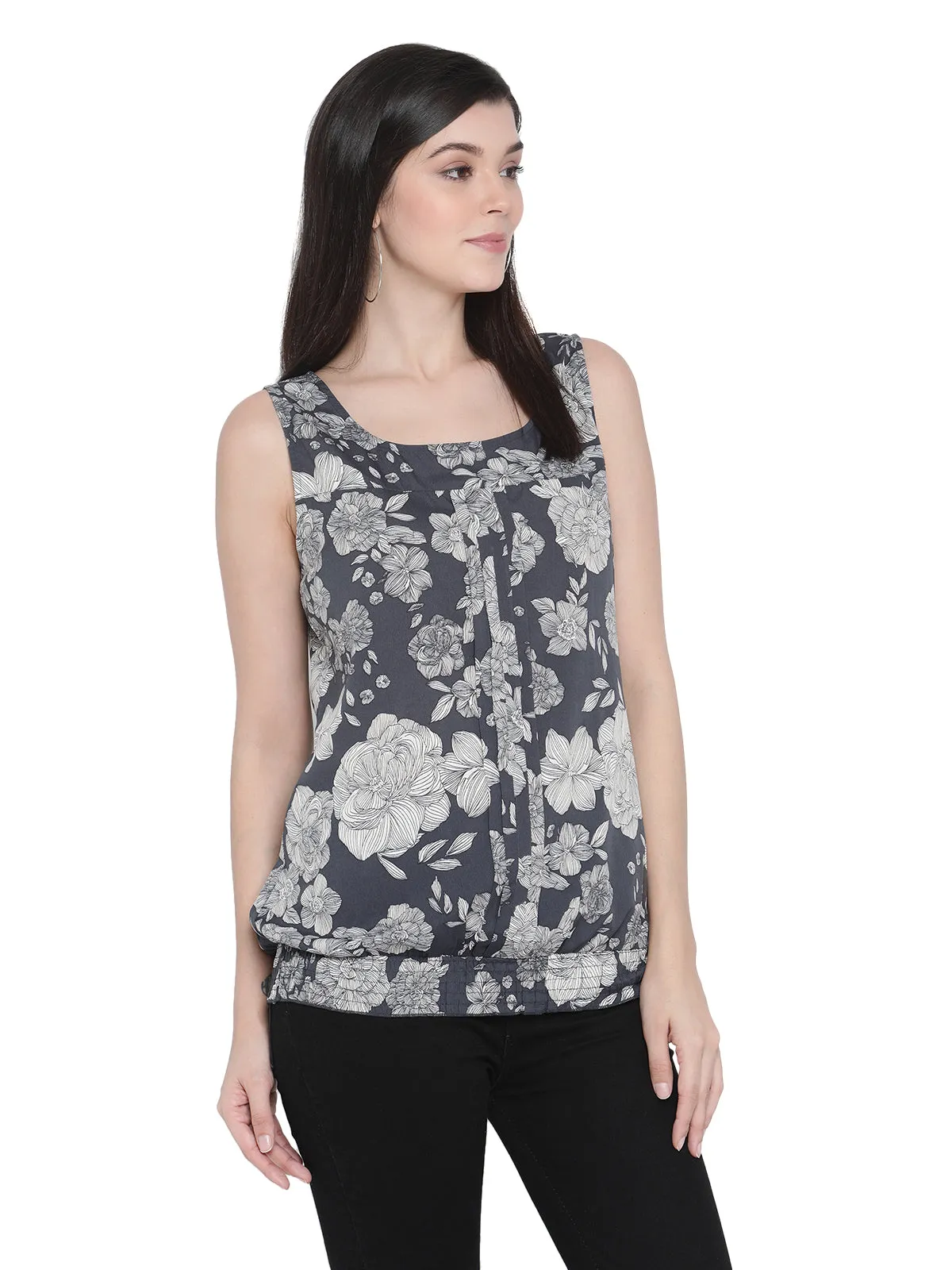 Porsorte Womens Grey Off White Floral Print Sleeveless Top