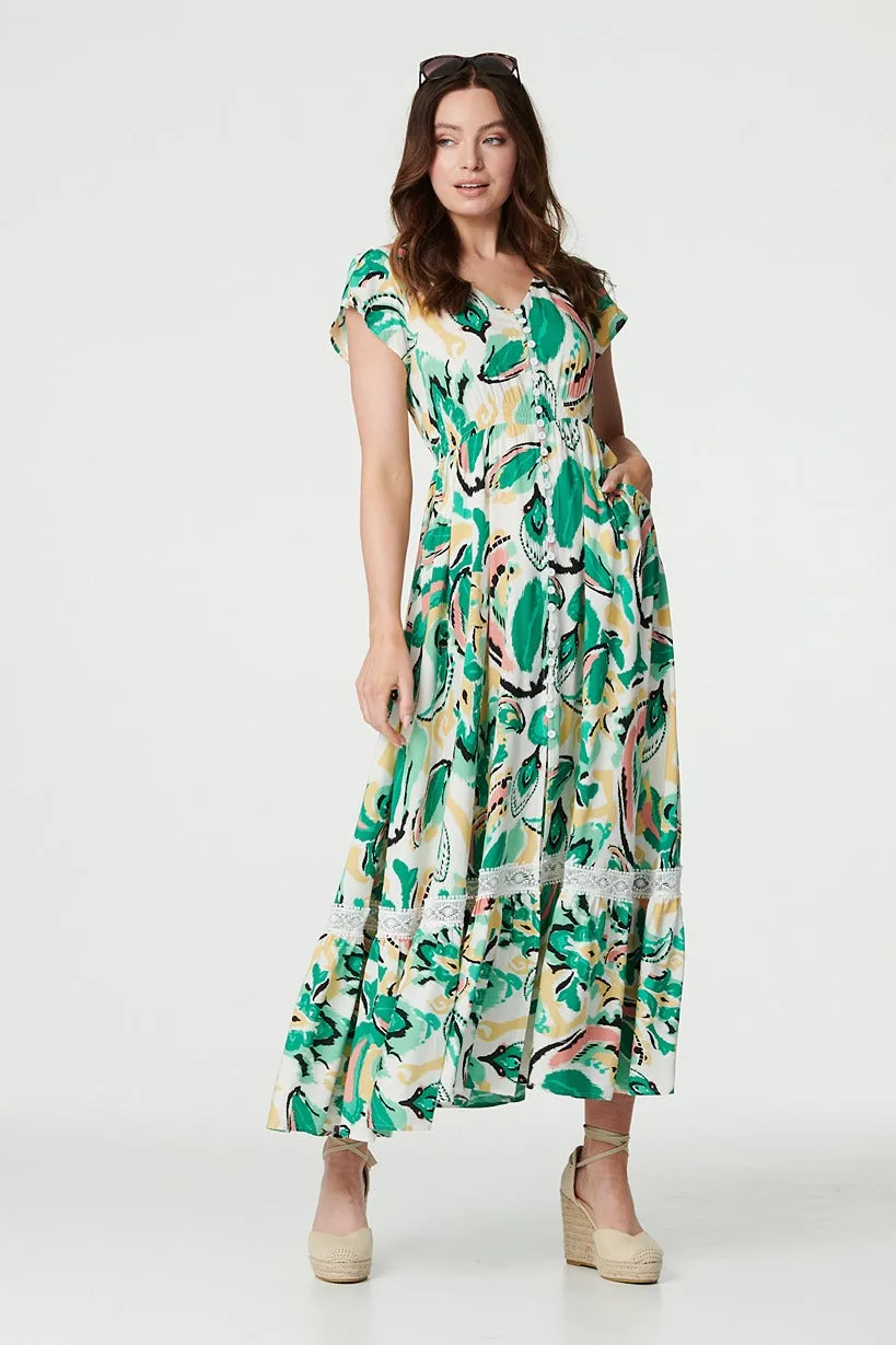 Printed Lace Trim Maxi Dress