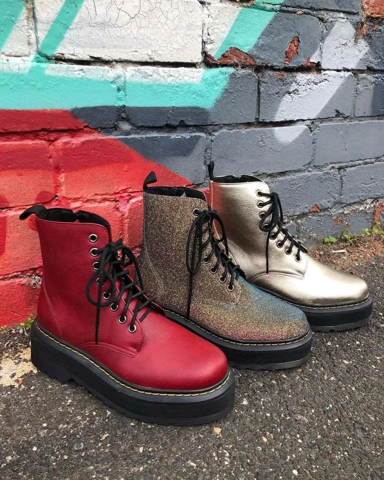 'Quinn' vegan-leather boot with stacked sole by Zette Shoes - cherry red