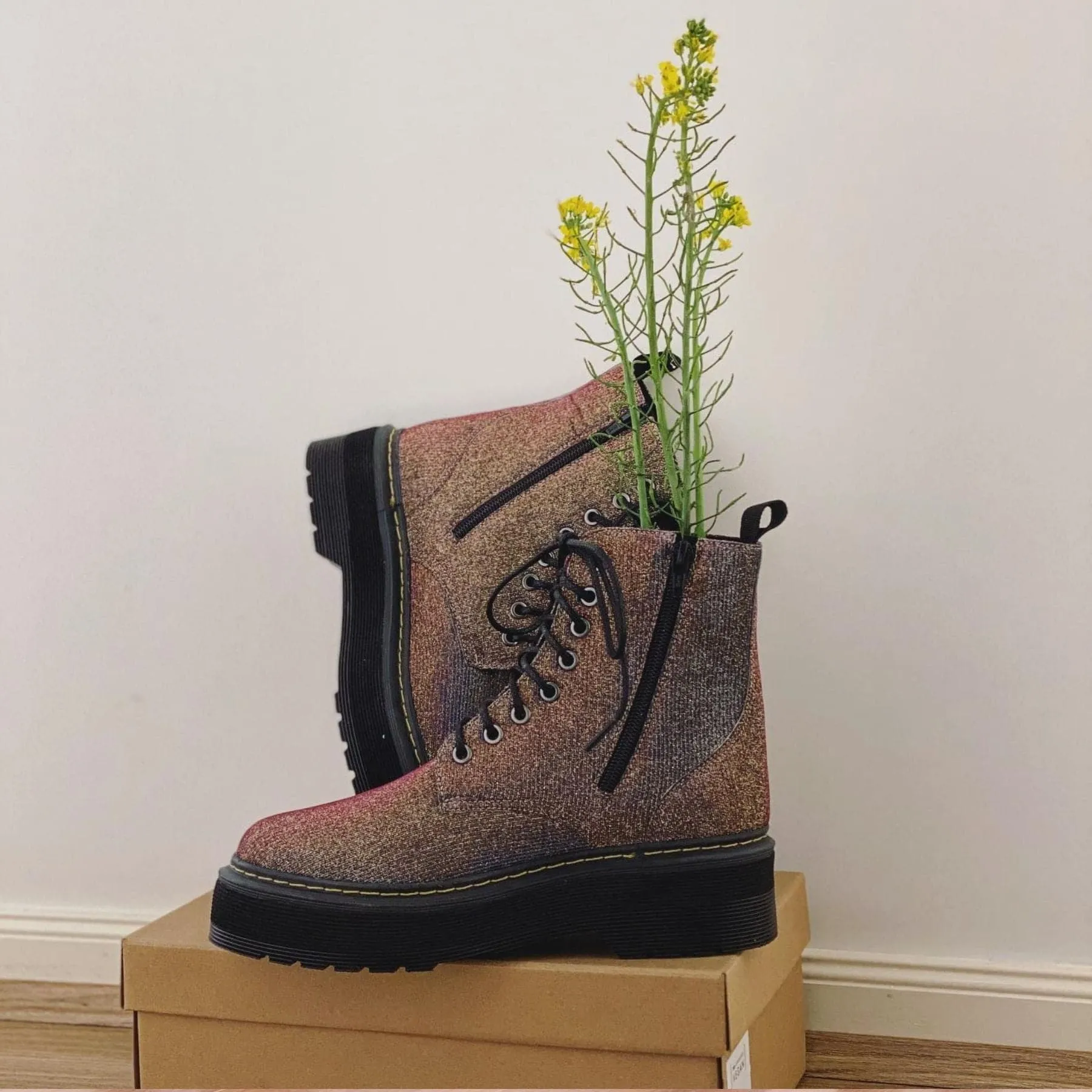 'Quinn' vegan-textile boot with stacked sole by Zette Shoes - multicolour